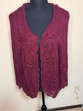 Judith Hart Women's XL Openwork Knit Cardigan Sweater Burgundy Cottage Boho